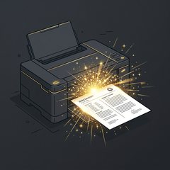 Drukarka w trakcie wydruku, ze złotym błyskiem symbolizującym jakość.