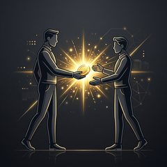 Jeden człowiek przekazuje drugiemu coś cennego, symbolizowanego przez złoty rozbłysk między ich dłońmi.